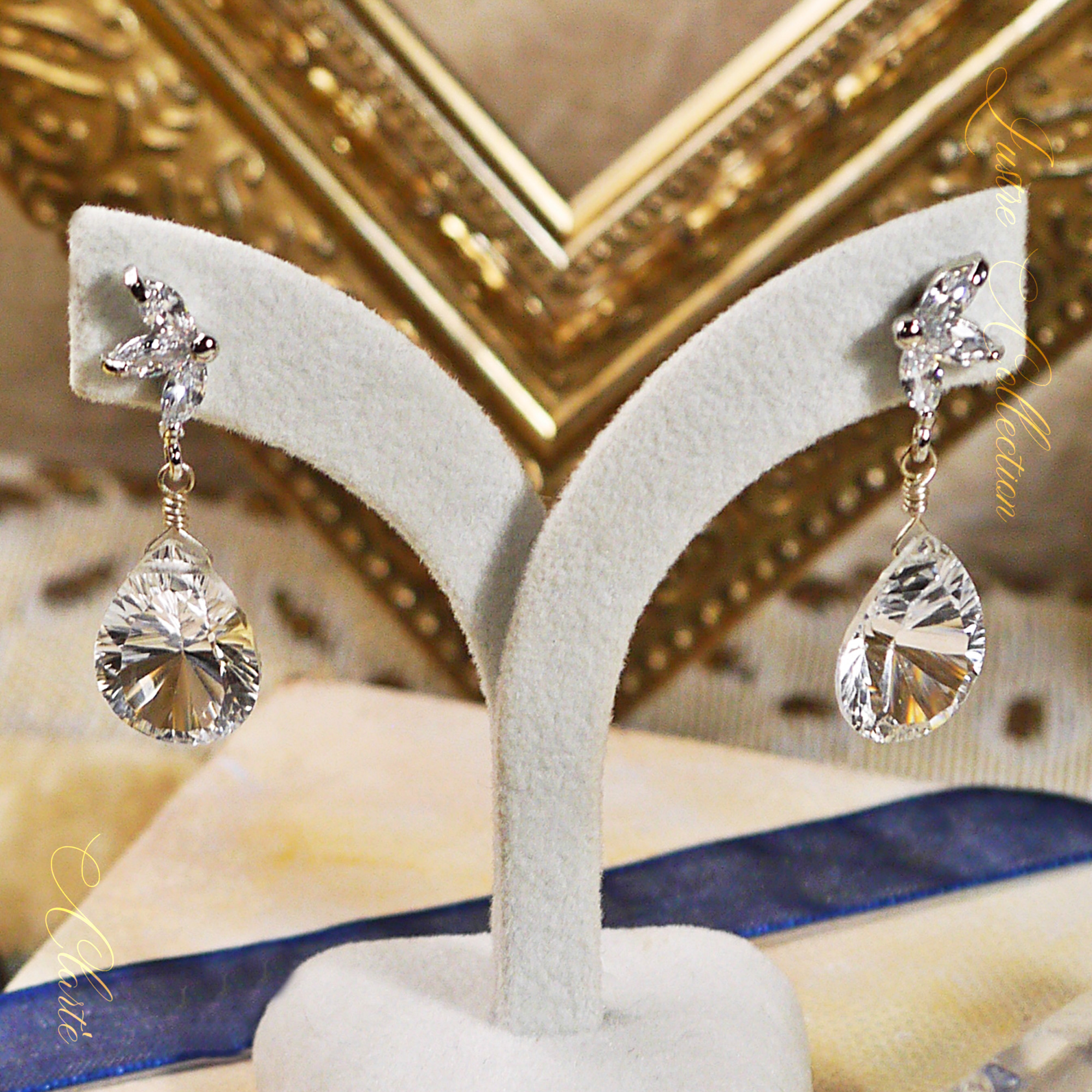 Silver925 クリスタルクォーツ cz 水晶 ピアス ペアシェイプ コンケーブカット マーキス ジルコニア