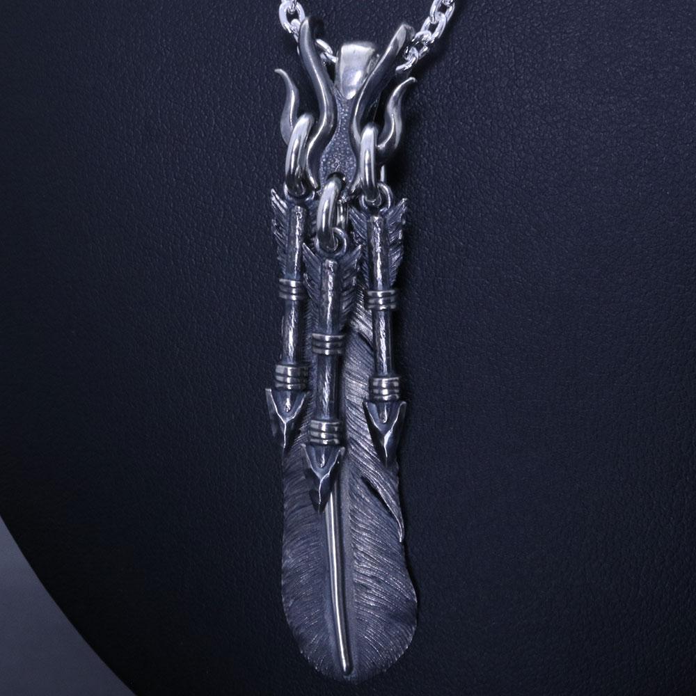 ネックレス メンズ : 火龍 三本矢 フェザー ペンダント 矢 弓 矢尻 アロー シンプル ブランド 和柄 生弓矢