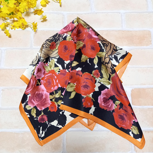 プチ小判シルクスカーフポケットチーフバラ柄0132 スカーフ・バンダナ