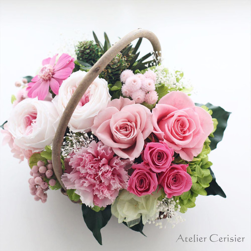 プリザーブドフラワー＜パニエ＞ピンク ローズ バラ【お祝い