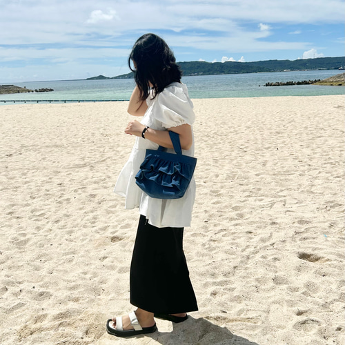 フロントフリルトートバッグ ミニトートバッグ デニムトートバッグ