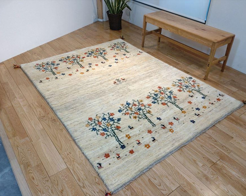 ペルシャ ギャッベ リビング 197×155 アイボリー ザクロの木 ペルシャ