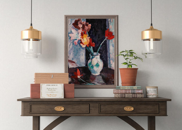 【NO.372】チューリップの花瓶の絵画フラワーアートポスター☆赤色アンティークリビング玄関★ハガキ2L判A5A4A3 7枚目の画像