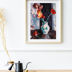 【NO.372】チューリップの花瓶の絵画フラワーアートポスター☆赤色アンティークリビング玄関★ハガキ2L判A5A4A3 8枚目の画像