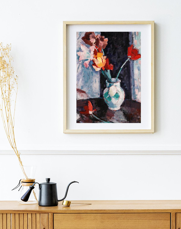 【NO.372】チューリップの花瓶の絵画フラワーアートポスター☆赤色アンティークリビング玄関★ハガキ2L判A5A4A3 8枚目の画像