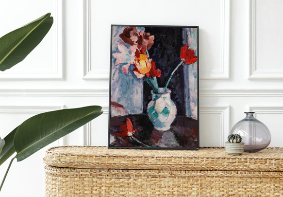 【NO.372】チューリップの花瓶の絵画フラワーアートポスター☆赤色アンティークリビング玄関★ハガキ2L判A5A4A3 5枚目の画像