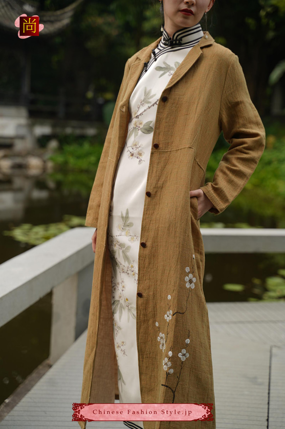 美しい手描き コットンリネン スプリングコート 女性 おしゃれ マキシ丈コート ボタン付き カジュアルで素敵＃101 3枚目の画像