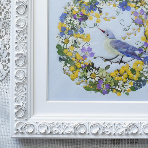 押し花 押し花額 押し花アート 青い鳥のリース 母の日フラワー