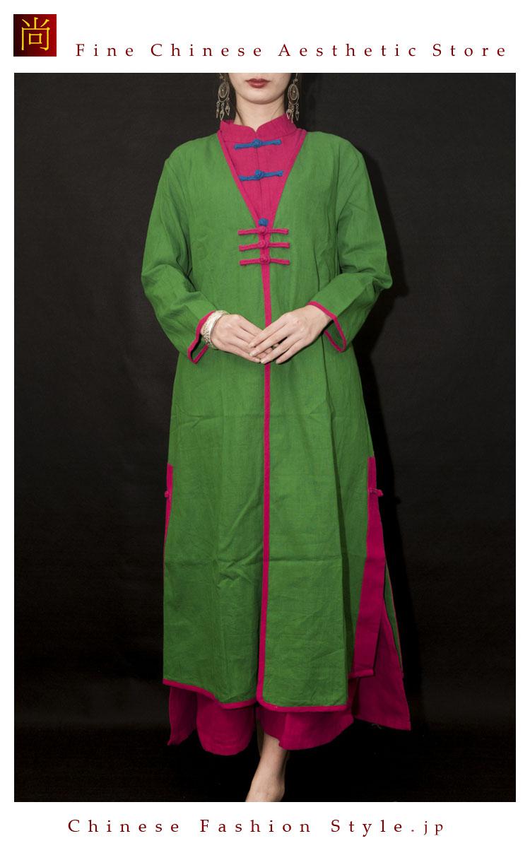 インタラクト・チャイナハンドメイド スプリングコート レディース コットンリネン カジュアル カエルボタン#101