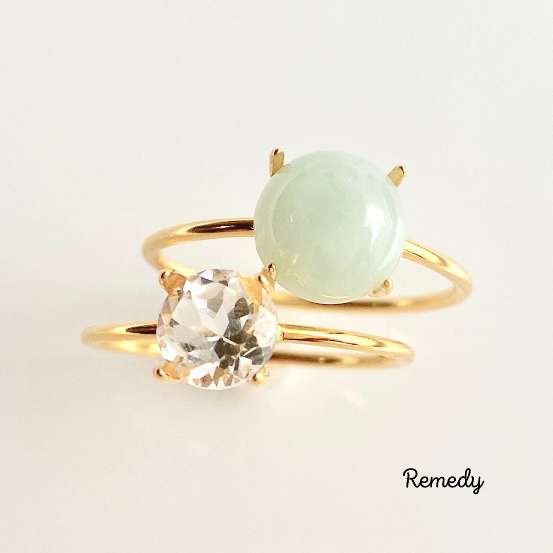 翡翠/ヒスイとビジューなホワイトトパーズのリング２本セット silver925 18KGP 5月誕生石、11月誕生石