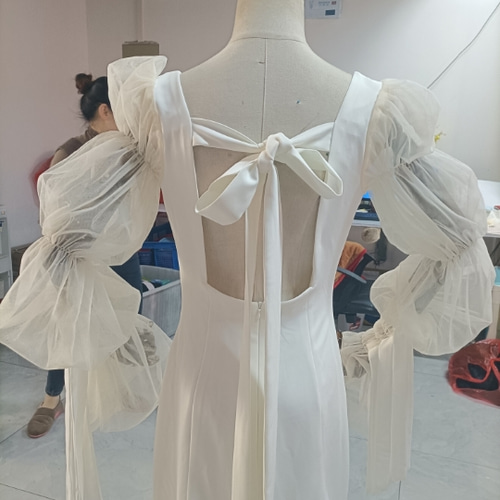 フランス風 スクエアネック 姫袖 ウエディングドレス マーメイドライン  