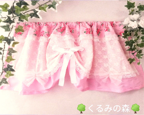 リボンカフェカーテン♡薄ピンクチュールレース 新作SALE♥真ん中リボンのカフェカーテン♥花柄 ピンク レース 30×100
