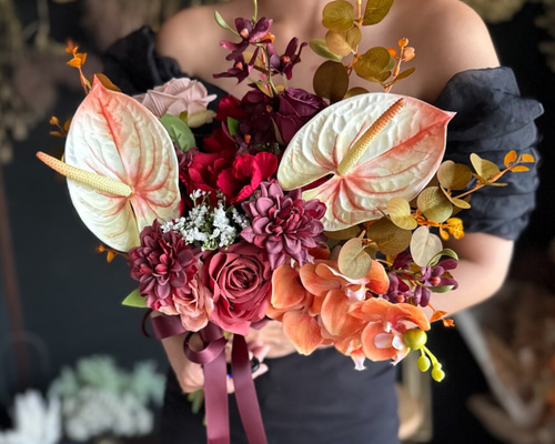 ワインレッド×オレンジクラッチブーケ☆ブートニア アートフラワー