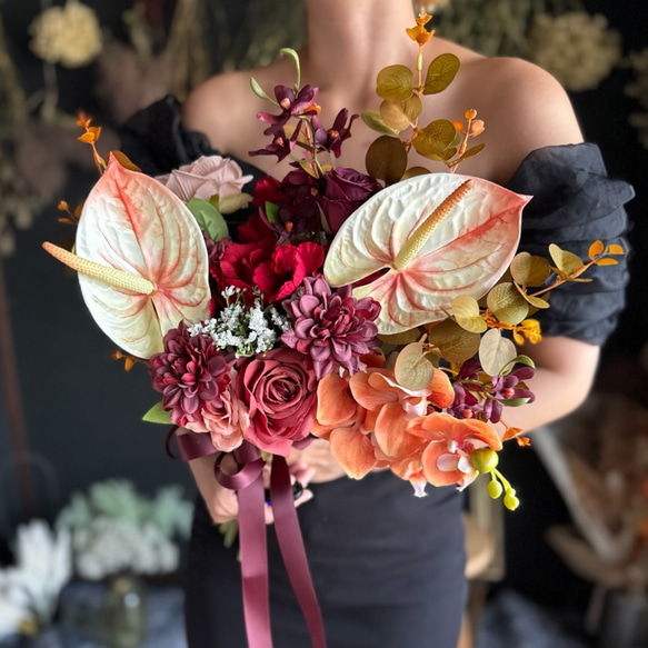 ワインレッド×オレンジクラッチブーケ☆ブートニア アートフラワー