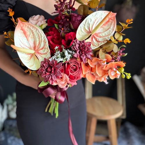ワインレッド×オレンジクラッチブーケ☆ブートニア アートフラワー