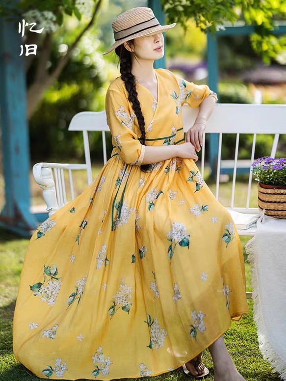 サラサラ軽い プリント花柄Vネックロングワンピース ウエスト サラサラ軽い プリント花柄Vネックロングワンピース ウエスト