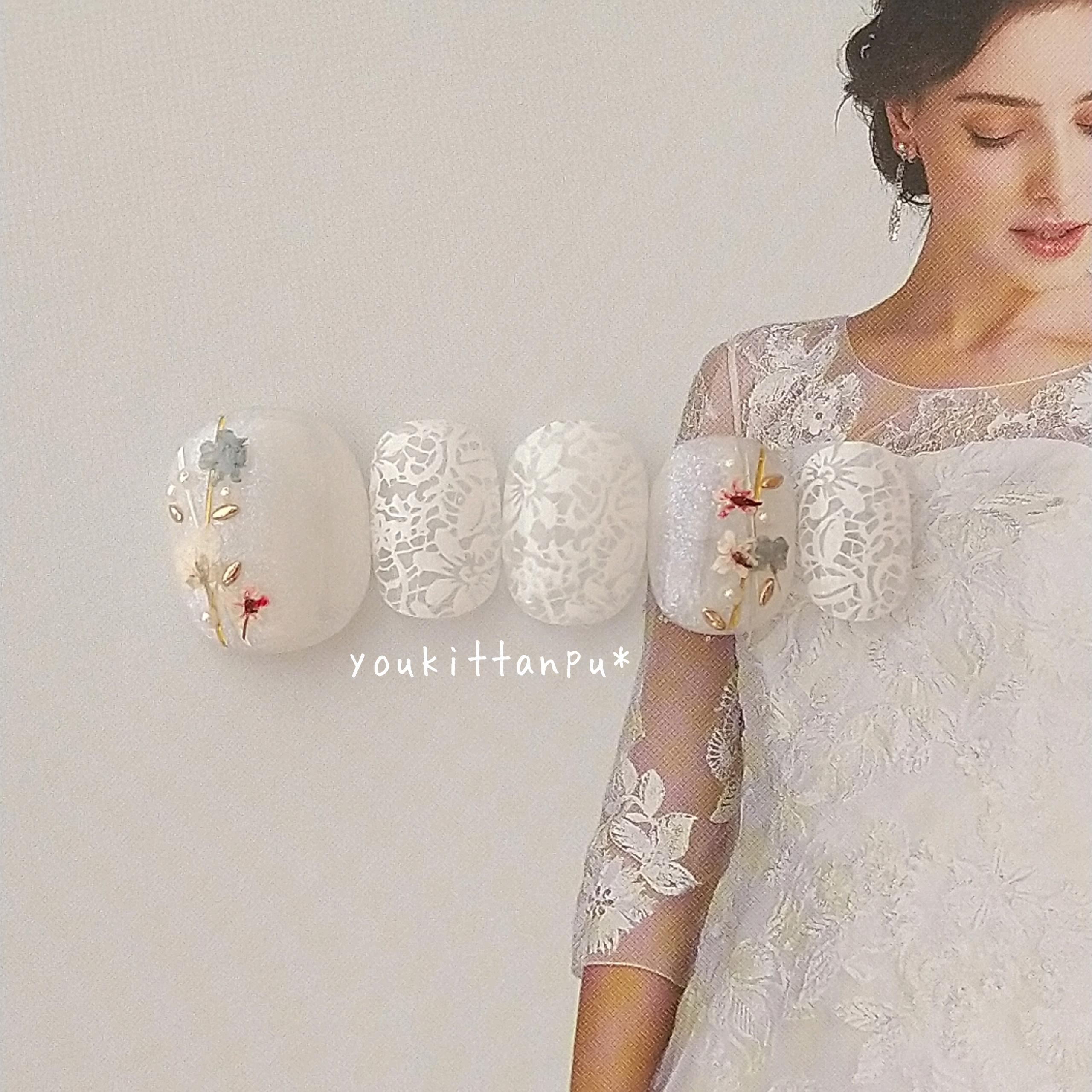 ブライダル 押し花とレースの上品ネイル＊ネイルチップ つけ爪 結婚式 ウェディング 白無垢 短め 韓国 白 ホワイト
