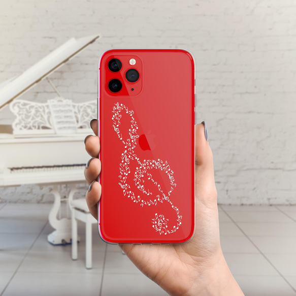 「用音符旋轉的高音譜號」iPhone/Android 肩帶智慧型手機殼透明鋼琴課 第5張的照片