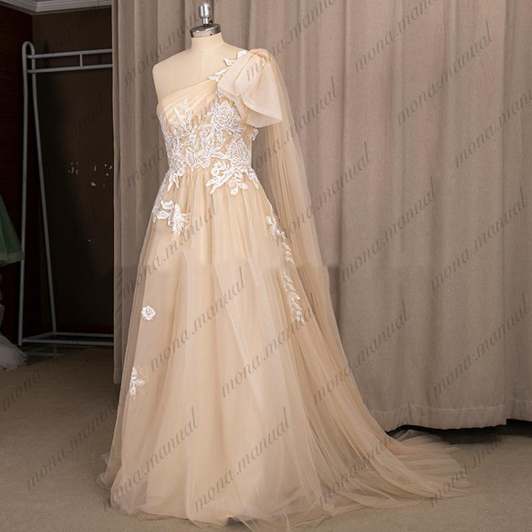 クラシカル ワンショルダー Aライン ウェディングドレス 前撮りドレス 396 3枚目の画像