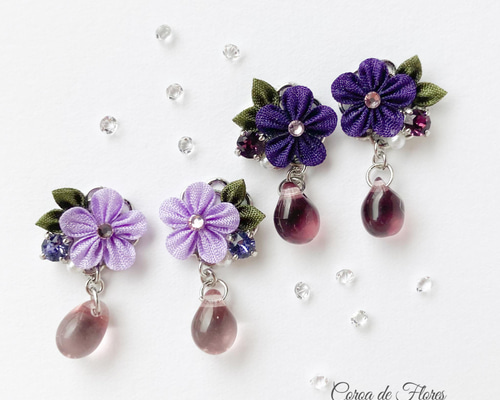 すみれのピアス/イヤリング つまみ細工 正絹羽二重 シルク ピアス