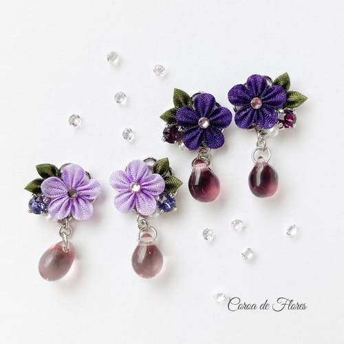 すみれのピアス/イヤリング つまみ細工 正絹羽二重 シルク ピアス