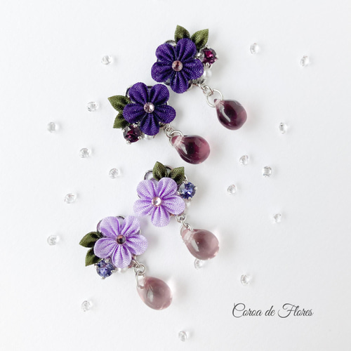 すみれのピアス/イヤリング つまみ細工 正絹羽二重 シルク ピアス