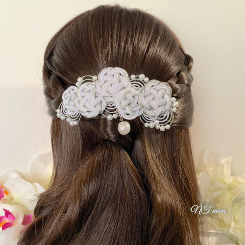 水引髪飾り・五つ梅・ホワイトシルバー バレッタ NTmom 通販 13685224