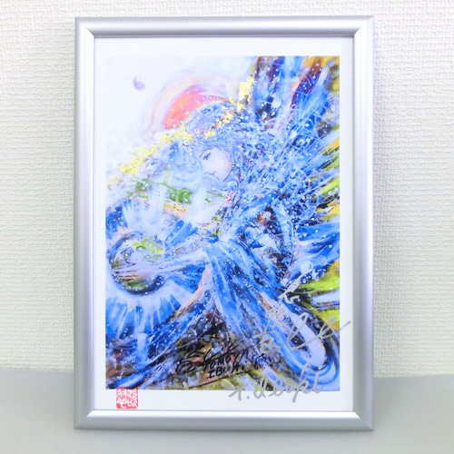 水彩画 サイン入り アート作品　月明かり 願い」 純金箔付 サイン入りプリント A4額 パワーアート 絵画