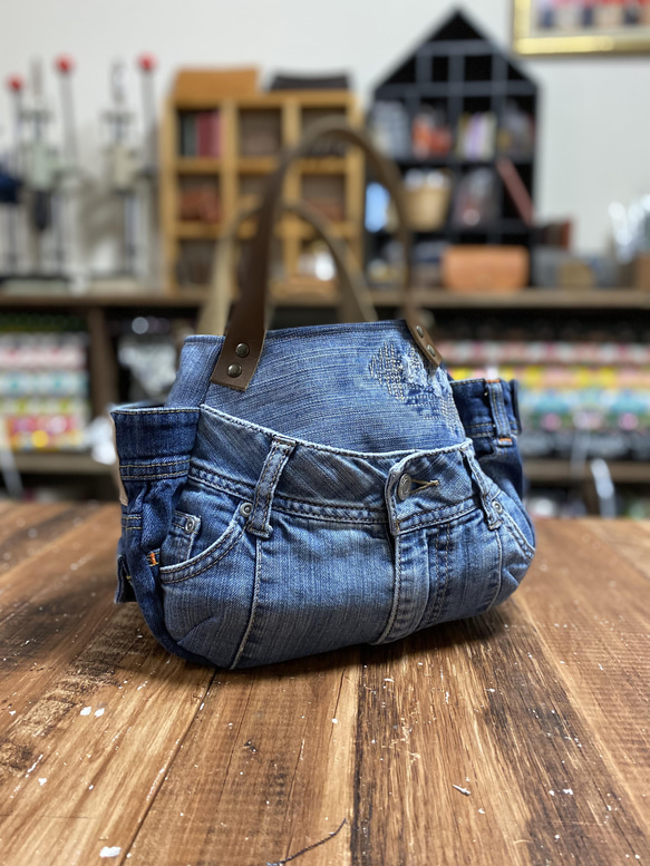 まん丸トートバッグ小サイズ デニムリメイクnicoma トートバッグ