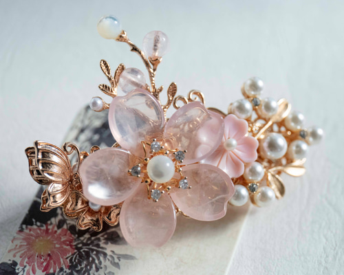 ヘアゴム レジン オーバル型 天然石ローズクォーツと桜とお花