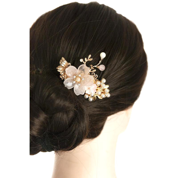 高級シェルクイーンコンクと天然石ローズクォーツの桜のバレッタ  　ヘアアクセサリー　髪飾り 13枚目の画像