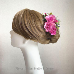 ローズピンクの薔薇とラベンダーのヘッドドレス　ヘアアクセサリー　結婚式　成人式　ウェディング　髪飾り　ローズピンク　造花 4枚目の画像