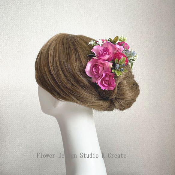 ローズピンクの薔薇とラベンダーのヘッドドレス　ヘアアクセサリー　結婚式　成人式　ウェディング　髪飾り　ローズピンク　造花 2枚目の画像