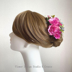 ローズピンクの薔薇とラベンダーのヘッドドレス　ヘアアクセサリー　結婚式　成人式　ウェディング　髪飾り　ローズピンク　造花 1枚目の画像