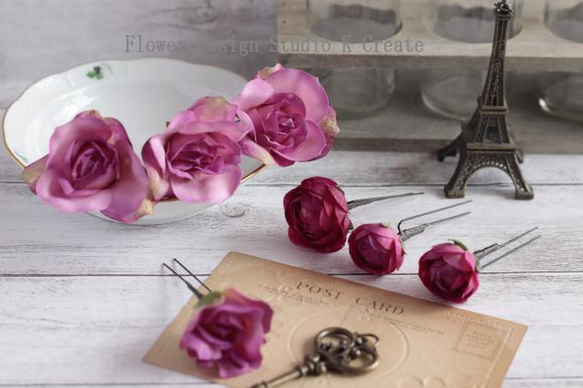 ローズピンクの薔薇とラベンダーのヘッドドレス　ヘアアクセサリー　結婚式　成人式　ウェディング　髪飾り　ローズピンク　造花 6枚目の画像