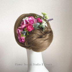 ローズピンクの薔薇とラベンダーのヘッドドレス　ヘアアクセサリー　結婚式　成人式　ウェディング　髪飾り　ローズピンク　造花 3枚目の画像
