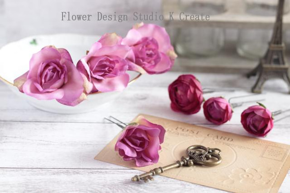 ローズピンクの薔薇とラベンダーのヘッドドレス　ヘアアクセサリー　結婚式　成人式　ウェディング　髪飾り　ローズピンク　造花 5枚目の画像