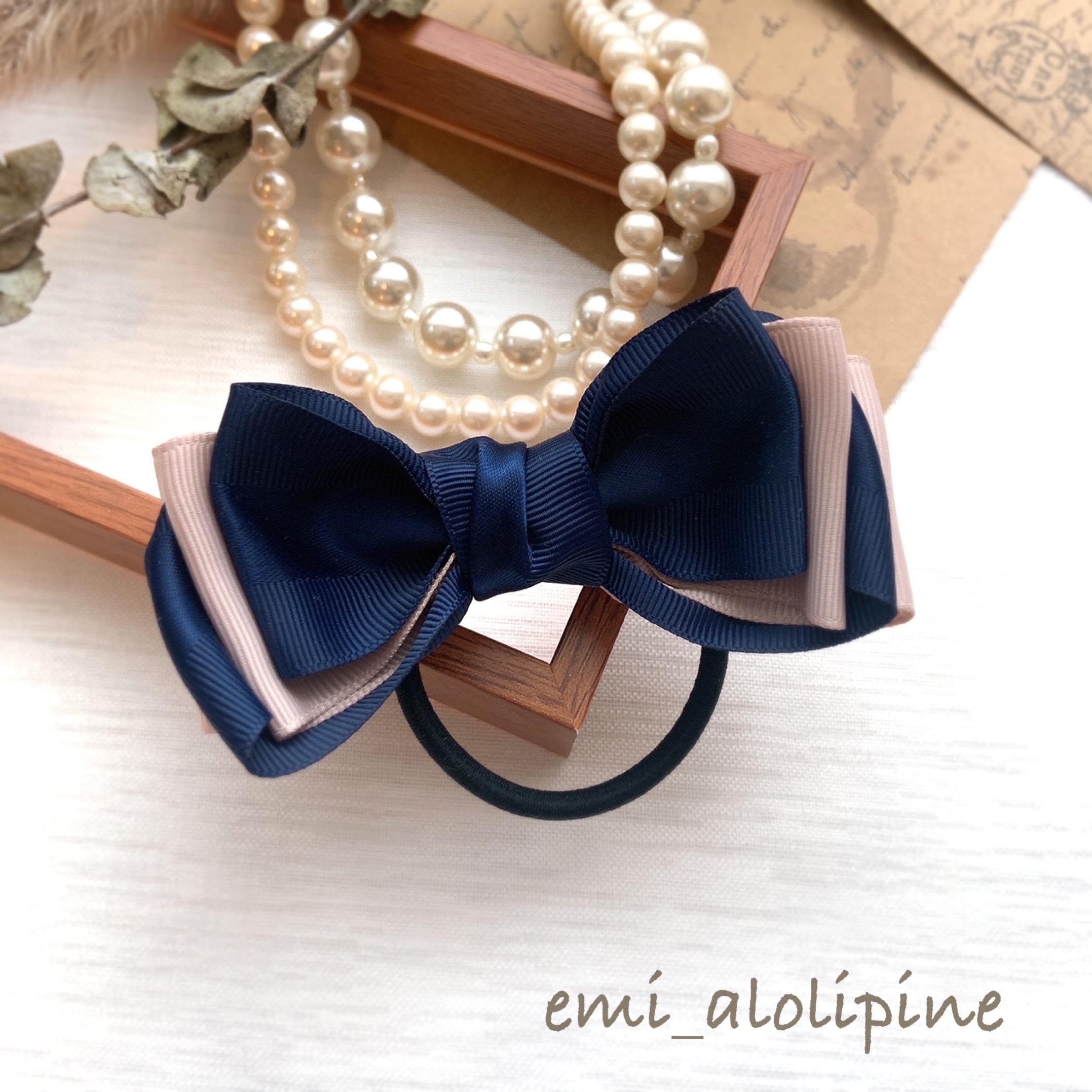 ribbon♡ネイビー♡ハンドメイド リボン　ヘアゴム♡riana