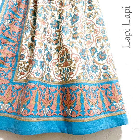 【新作】インド綿ギャザースカート コーラル×アクア 2枚目の画像