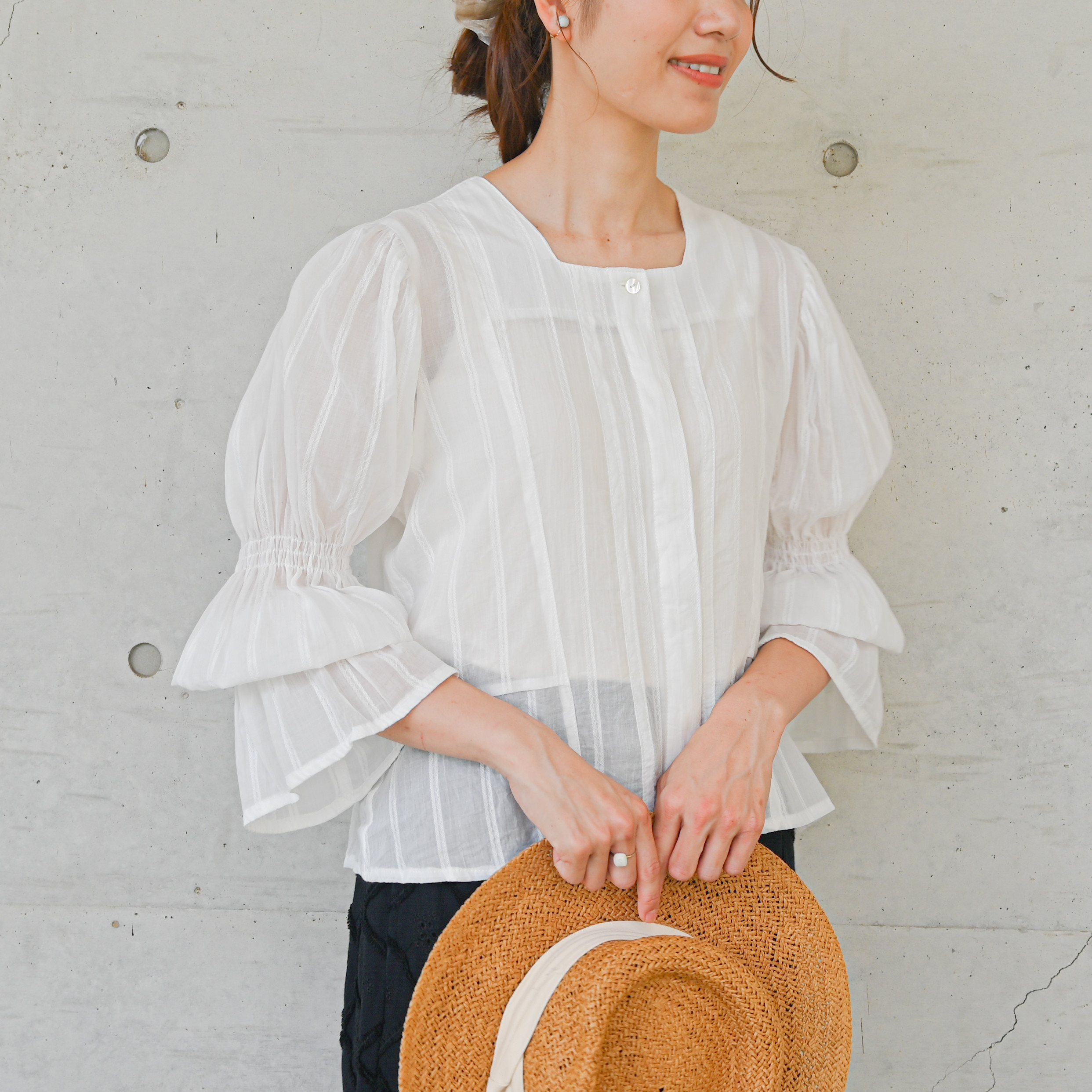 シアーコットン100%・前後3way-08_キャンディースリーブ・ブラウス「ホワイト」