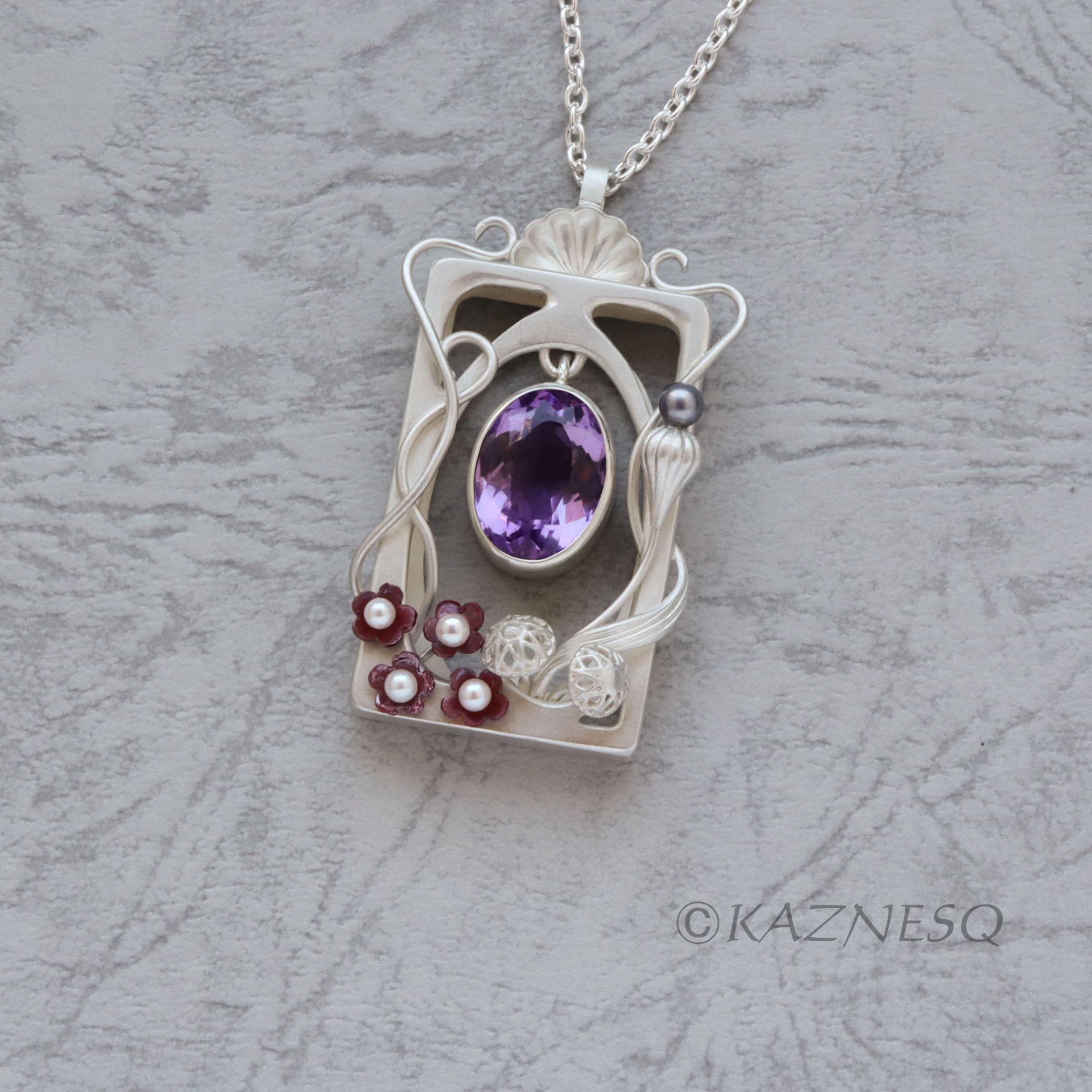 アールヌーボー風スプリングガーデンシルバーペンダントネックレス