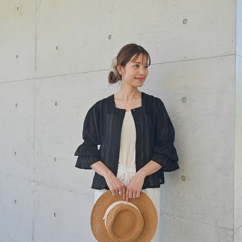 最終ＳＡＬＥ　ギマ擬麻コットン　大人甘めの小花フリルシャツ　羽織　ゆったり　ブラウス　マスタード　U42 ラスト4 夏SALE ギマ擬麻コットン 小花 フリル シャツ