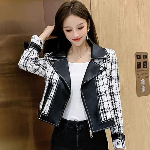 Suger秋冬コーデ ライダースジャケット レディース チェック 革ジャン