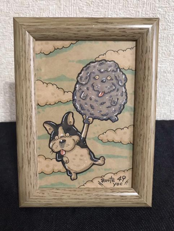 風船プードルとボストンテリア　　アート　原画　マーカー　イラスト　犬 2枚目の画像