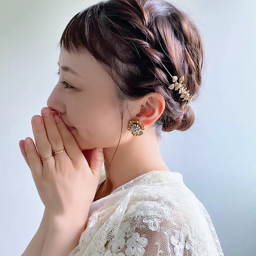 人気】『pleats flower』真鍮 花 大ぶり ピアス イヤリング