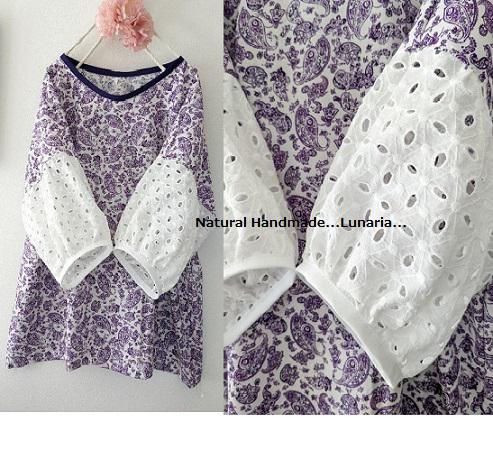 ♡パープルペイズリー柄♪花柄レースパフ袖ブラウス♡ワンピに変更可能