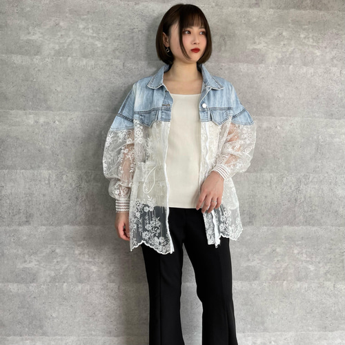 デニムレースジャケット 花柄刺繍のレース 綿100%デニム シャツ デニムレースジャケット 花柄刺繍のレース 綿100%デニム シャツ