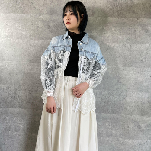 デニムレースジャケット 花柄刺繍のレース 綿100%デニム シャツ デニムレースジャケット 花柄刺繍のレース 綿100%デニム シャツ