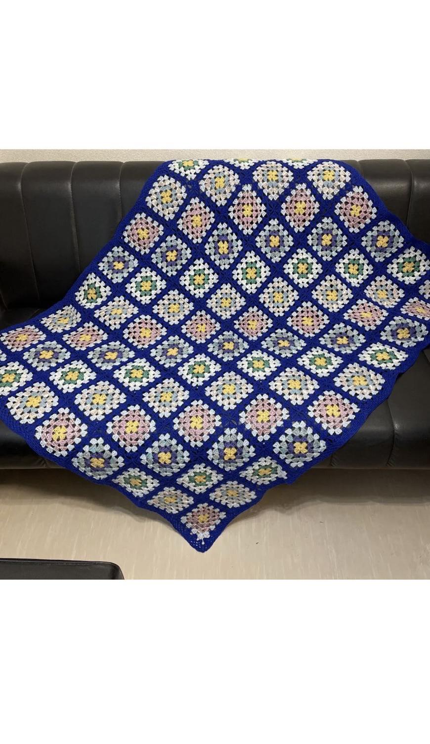 モチーフ編み　ブルー　青　ブランケット　ひざ掛け　モチーフつなぎ　ギフト