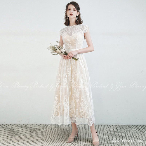 スカートの長さ3種類 ウェディングドレス ベージュ 結婚式 前撮り  